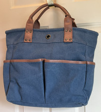 Levenger Blue Canvas Tote Bag with Leather Handles and Trim 6 OUTER Pockets