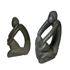 Vintage Shona Stone Sculpture Pondering Women African Abstract Art Set Of 2