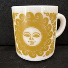 Vintage Hazel Atlas Celestial Milk Glass Mug Sun Moon Orange MCM Flowers Coffee