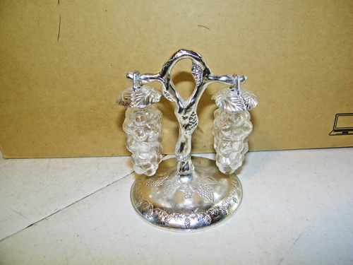 Vintage Metall hängende Klarglas Trauben Salz & Pfefferstreuer mit Ständer Silber Japan