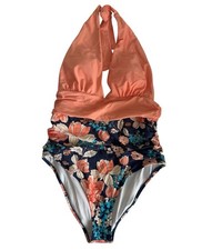 Cupshe Tummy Control Orange Navy Floral Halter Swimsuit XXL High Cut One piece