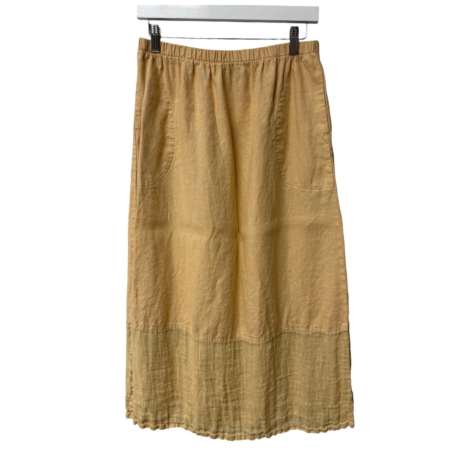 Flax Midi Skirt Womens Size S Yellow Linen Lagenlook Coastal Grandma Boho Casual