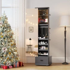 Gurexl 360° Swivel Jewelry Mirror Cabinet with LED Lights and Side Sliding Doors