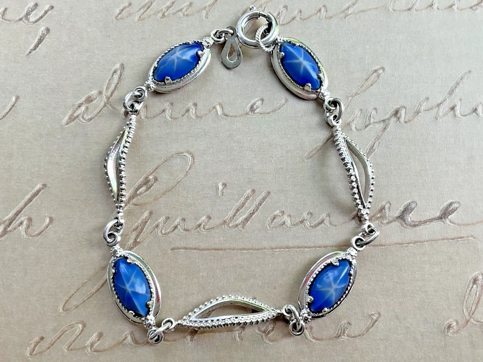 复古 AMCO 14K 镀金星星蓝宝石手链 – 7 英寸 — 第 2/4 张图片