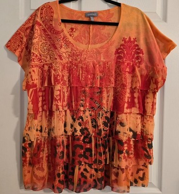 Essentials Plus Size 1X Multicolor Orange Ruffle Blouse