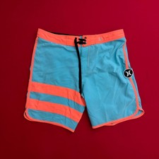 Hurley Phantom Board Shorts Mens 34 Light Blue Neon Orange Striped Swim Trunks
