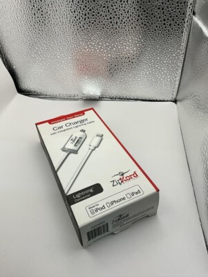 ZipKord Car Charger with Fast charging Cable For  iPod/iPhone/iPad - White/Gray