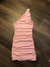 Women's Peach Pink One Shoulder Ruched Bodycon Mini Dress in Size Extra Small