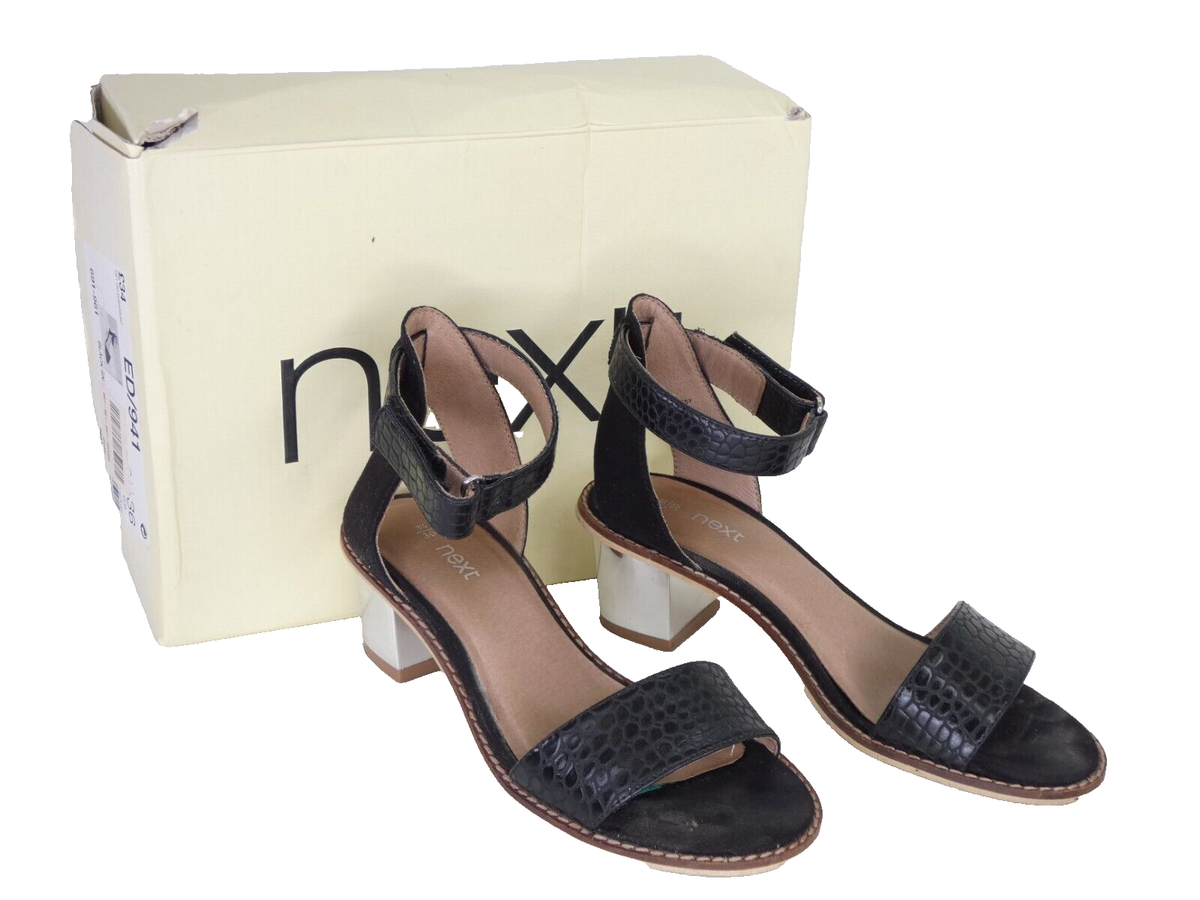 Next Sandals Block Heel Black Mock Croc Silver Heels Ankle Strap