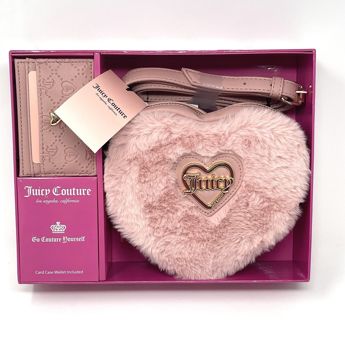 JUICY COUTURE Heart Faux Fur Crossbody Bag Taffy Pink Card Case