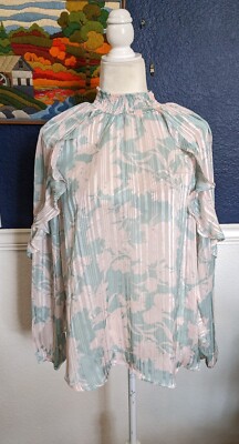Moa Moa Long Sleeve High Neck Blue Floral Metallic Silver Blouse Sz Large L