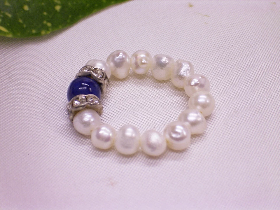 BIWAPERLEN & LAPISLAZULI PERLE / STRASSSTEINE: RING / GUMMIZUG: GR.: 53 - 57 - Bild 4 von 4