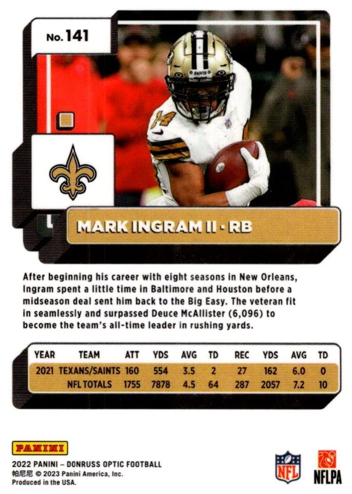 2022 Donruss Optic Mark Ingram II New Orleans Saints #141 - Image 2 of 2