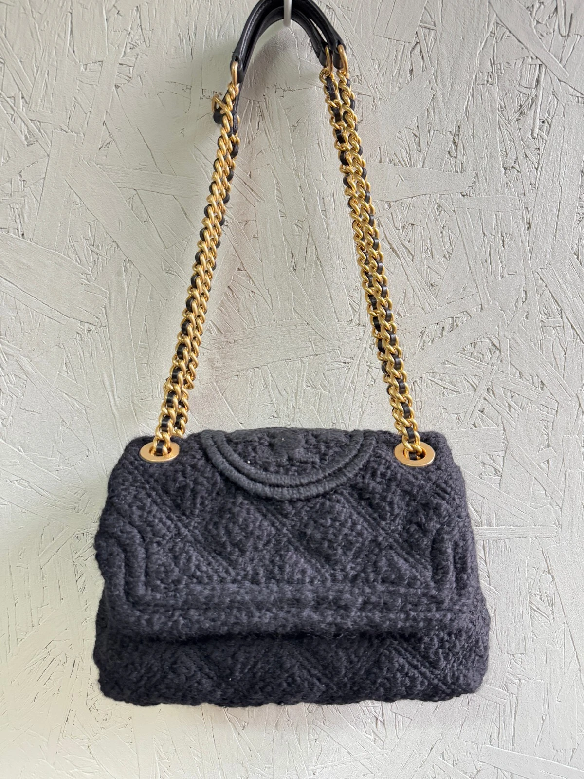 Borsa a tracolla TORY BURCH Fleming morbida tweed bouclé piccola convertibile Nero