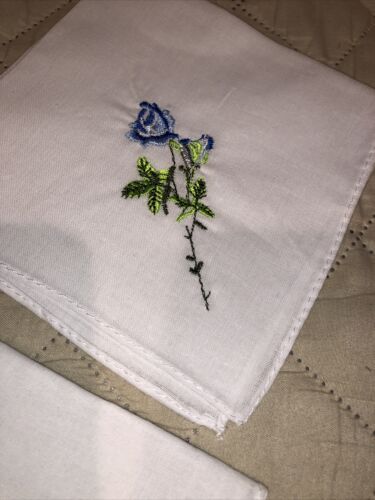 Small White Hankies with Embroidered Flowers ~ 10" X 10.5" ~ Lot of 3 - Picture 2 of 5