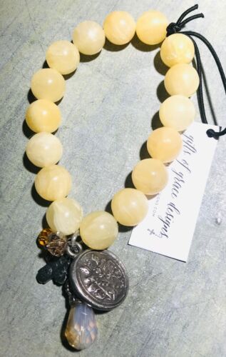 NWT Yellow Jade 12mm Gemstone Stretch Bracelet w/Crown Crystal Shield Charms 7.5 - Picture 1 of 6