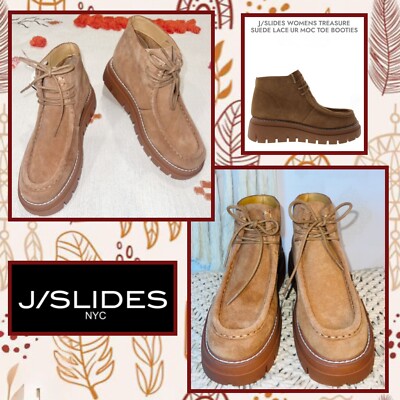  J/Slides Womens Treasure Tan Suede Lace-Up Booties Sz 8 $198 So Cute! NWOB
