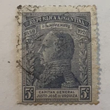 1920 5C ARGENTINA STAMP JUSTO JOSE DE URQUIZA SIGNED ON BACK
