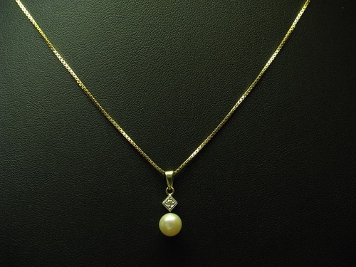 14kt 585 bicolor Gold Kette & Anhänger mit Diamant & Akoya-Perlen Besatz / 50cm - 第 1/6 張圖片