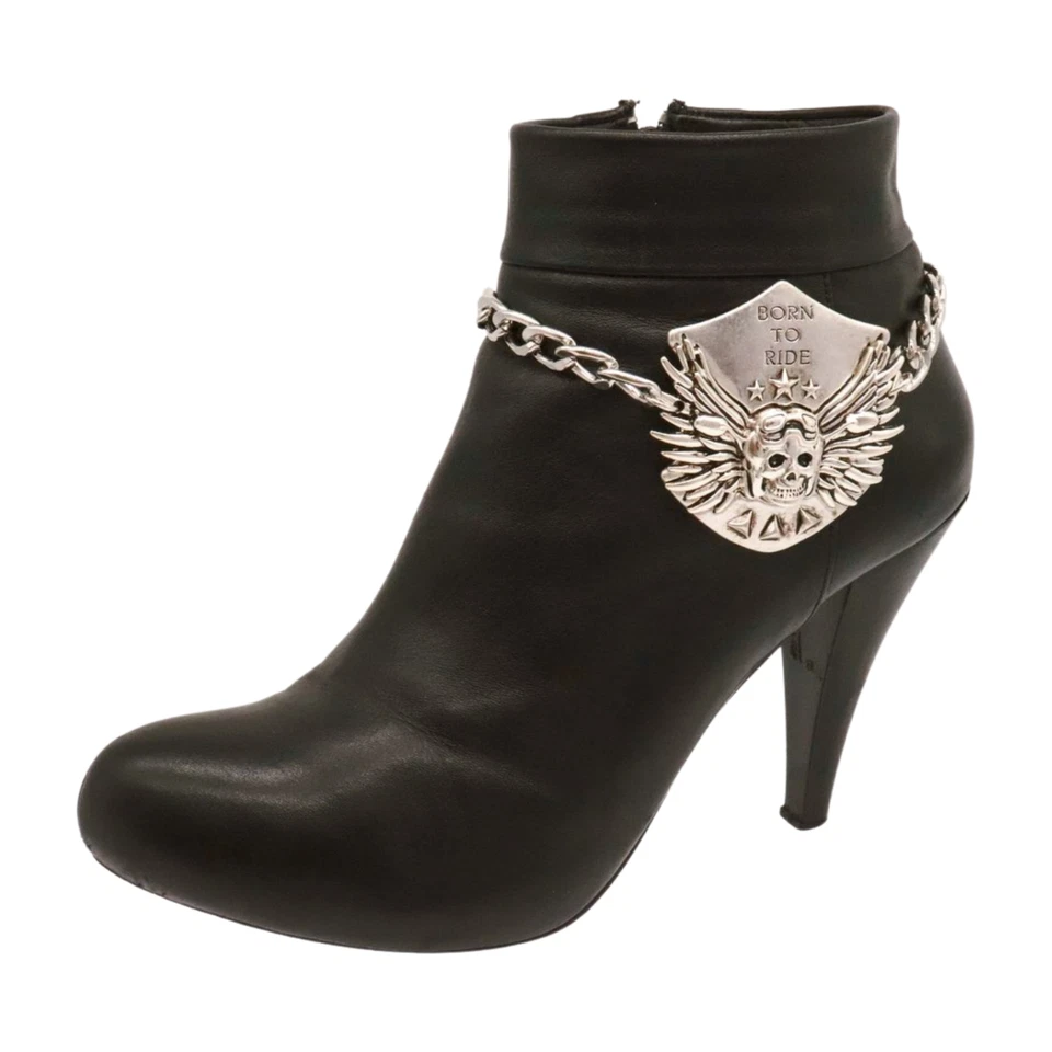 Mujer Plata Bota Cadena Pulsera Zapato BORN TO RIDE Dije Talla Ajustable Tobillera Foto 2 de 4