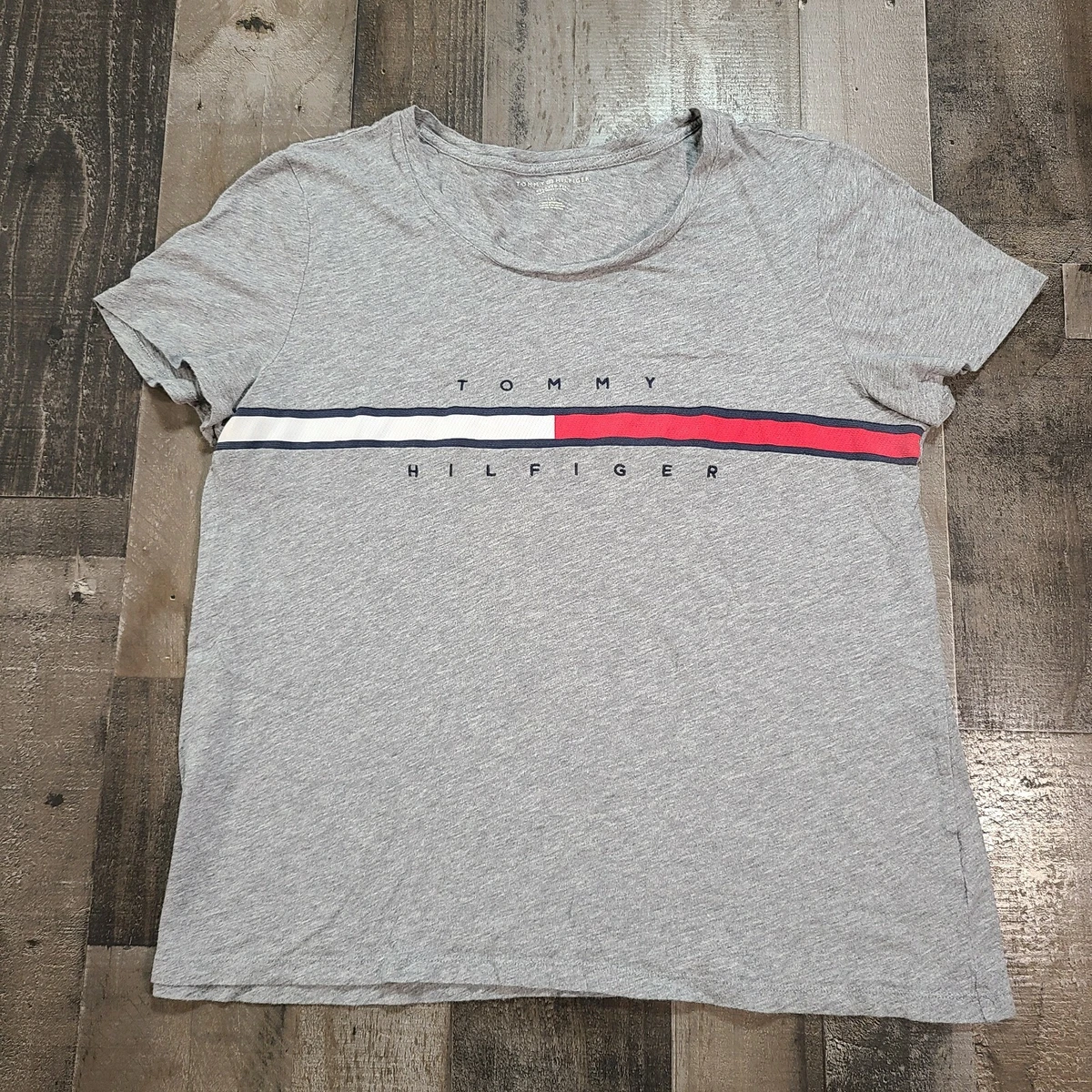 Tommy Hilfiger Women Size Large Relaxed Fit Logo Front Short Sleeve Grey  T-Shirt