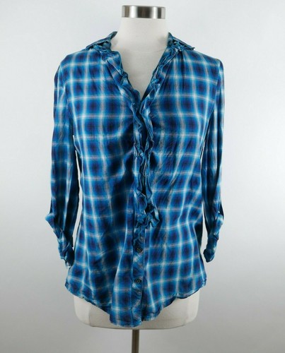 Express Womens LS Ruffled Button Down Teal Blue Plaid Blouse Dress Shirt Medium