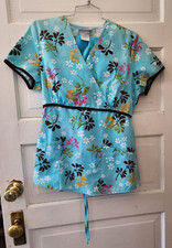 SB Scrubs Women s Small Floral Turquoise Blue Scrub Top w/ Brown Trim w/Pants