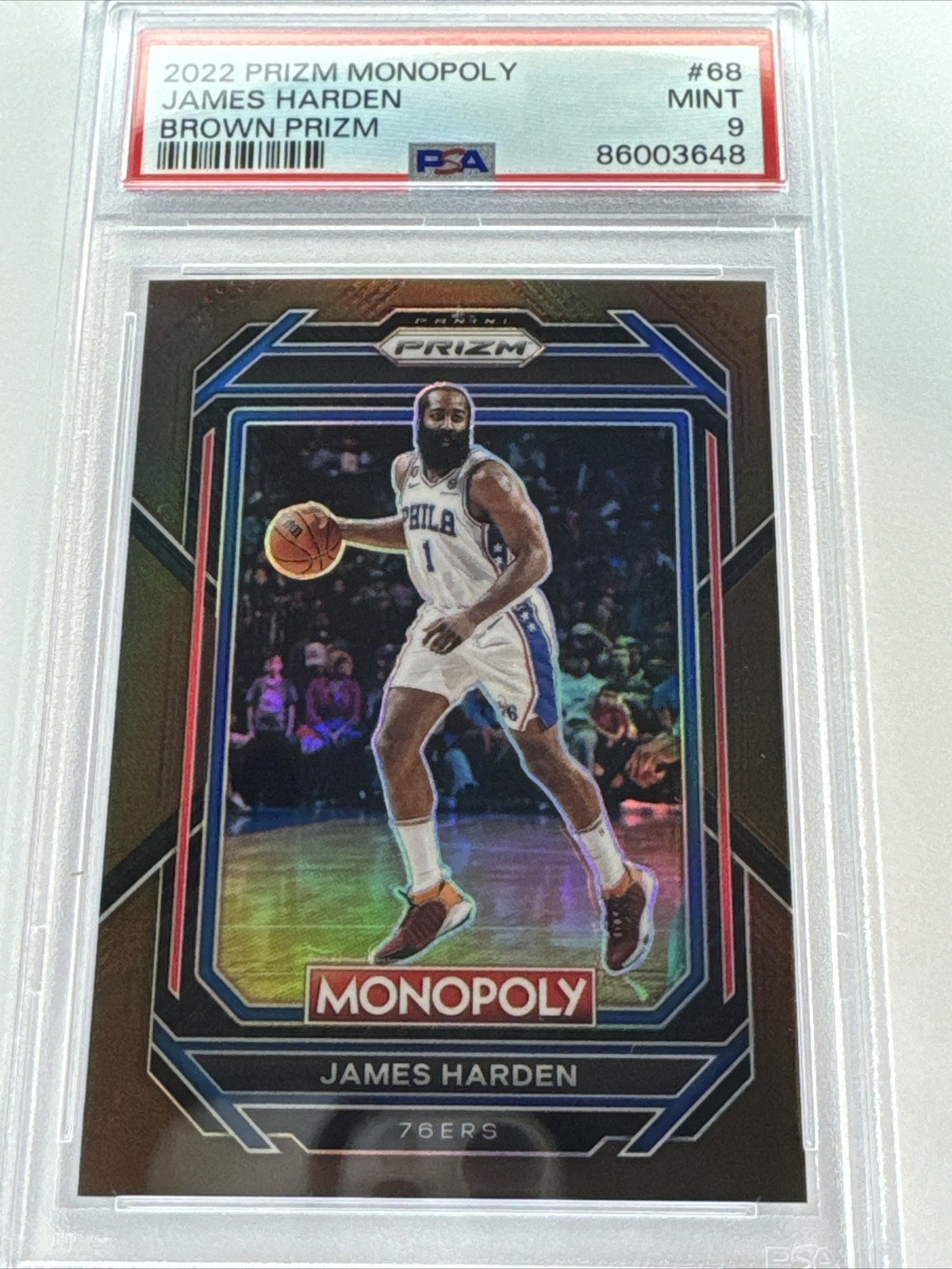 2022-23 Panini Monopoly Prizm James Harden #68 Brown Prizm 145/249 PSA 9