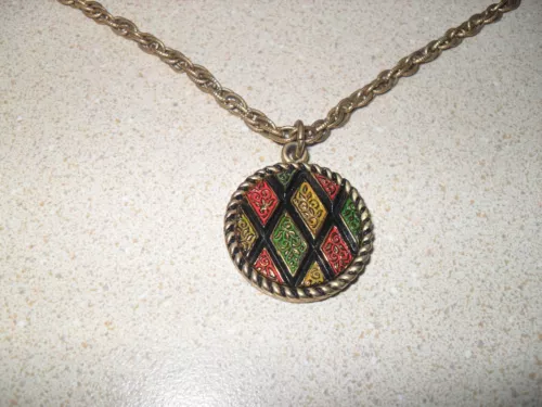 Vintage Sarah Coventry Necklace Diamond Mosaic Argyle Pattern Pendant Medallion