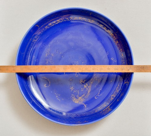 HUGE ANTIQUE 18th/19th CENTURY CHINESE BLUE POWDER GLAZE BOWL CHARGER DRAGON - Picture 11 of 12