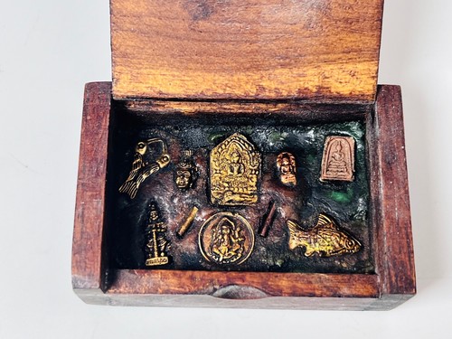 Old wood gift box set Mini LP Tim Amulet Magic Yantra Phra Pidta buddha Talisman - Picture 19 of 19
