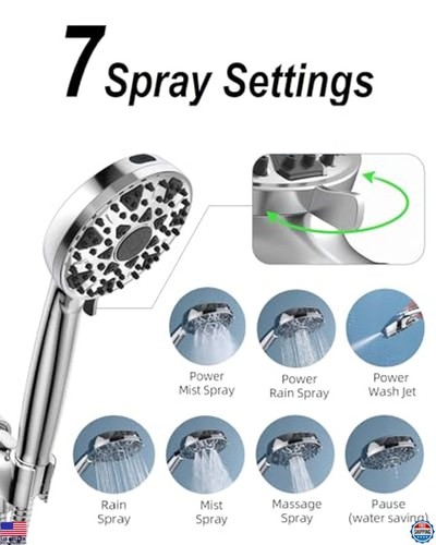 7-Setting High Pressure Handheld Shower Head with Power Wash & Stainless Hose - Picture 3 of 6