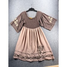 Urban Mango Brown Cotton Smocked Boho Floral Embroidered Beaded Peasant Dress M