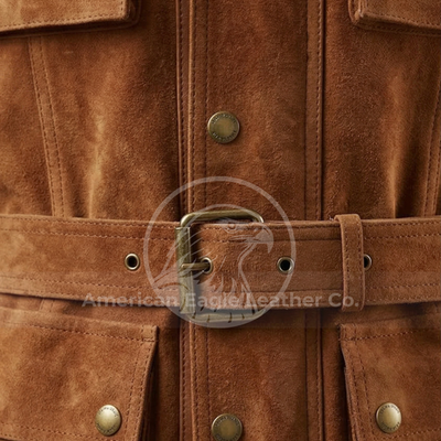 Men's Vintage Tobacco Goat Suede Safari Jacket Retro Brown Belted
