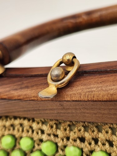 Vintage grün Perlen Holzgriff Handtasche gewebt Kunststoff Perlen Seide gefüttert Handtasche - Bild 3 von 24