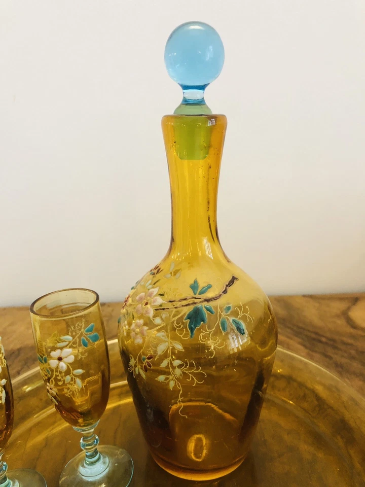 ANCIEN service à liqueur en verre Coloré plateau carafe 2 verres - Photo 3/4