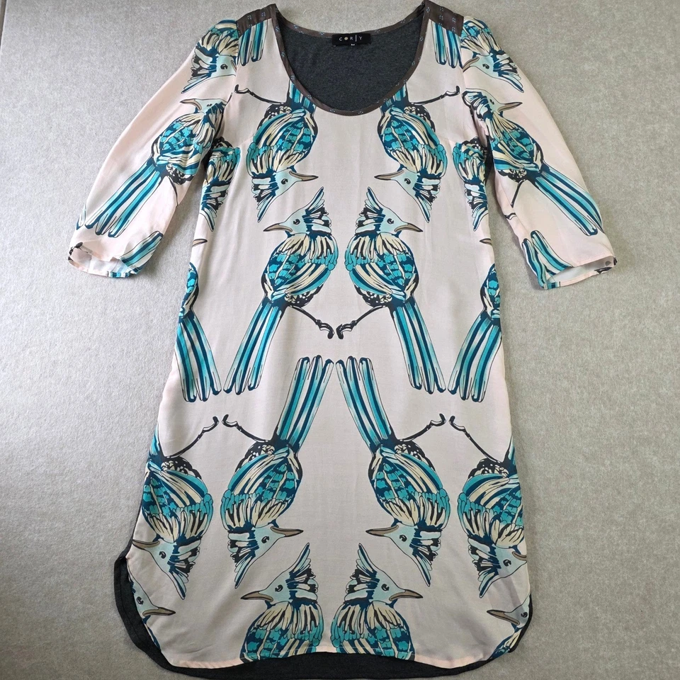 Vestido Corey Estampado Pájaro Talla M Rosa Mezcla Seda Boho Artístico Resort Funda Foto 2 de 4
