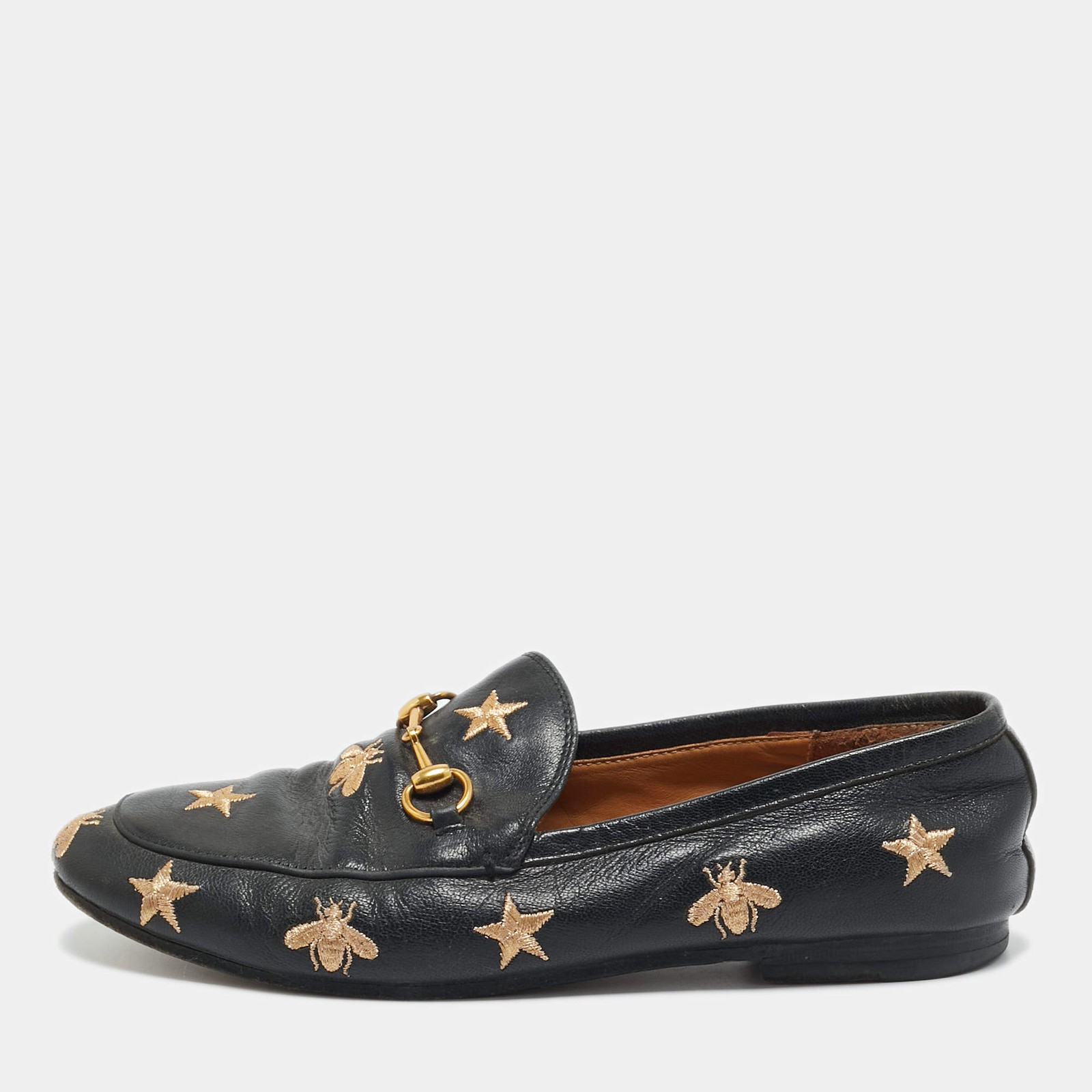 Gucci Black Leather Embroidered Bee Star Horsebit Slip On Loafers Size 39