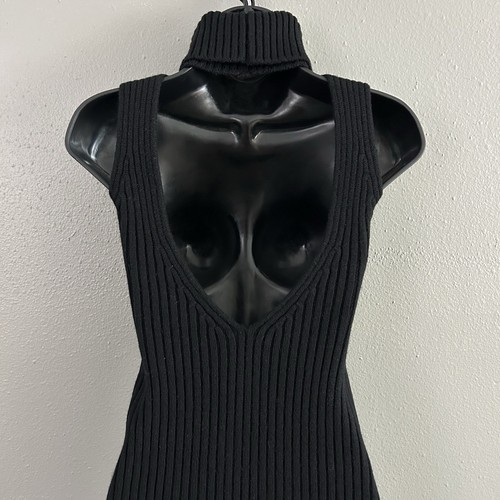 Sisley Ribbed Knit Black Bodycon Sweater Dress Midi Turtleneck Open Back Size S? - Picture 5 of 7