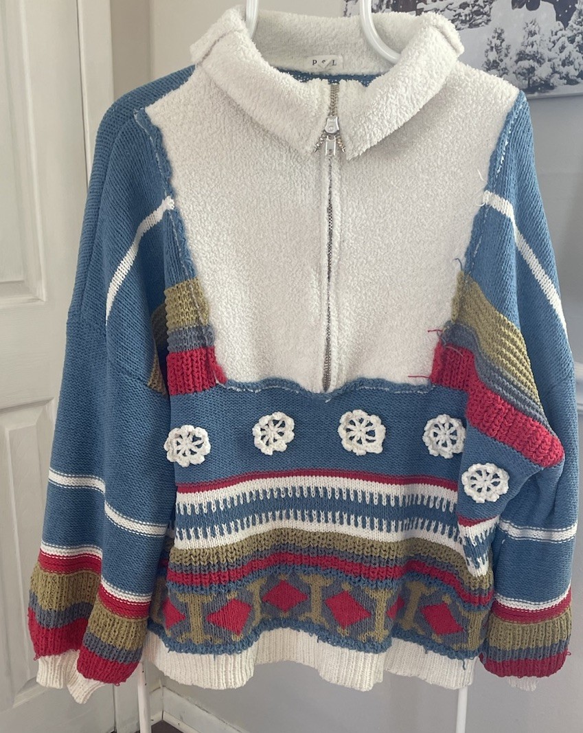 POL Half-Zip Patchwork Chenille Sweater Women's C… - image 1