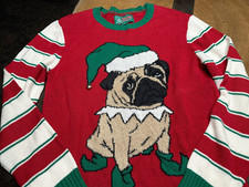 Ugly Christmas Sweater Women's M Pug Dog Santa Hat Striped Sleeve Green Red
