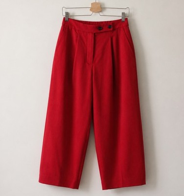 Jaeger Red Cotton Lyocell Barrel Leg Cropped Pleat Trousers UK 10