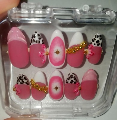 3D Pink White Black Almond Long Press-On Nails Full Cover Flower Animal Design