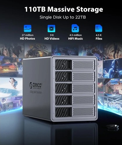 ORICO 5 Bay Hard Drive Enclosure RAID DAS Solution USB3.0 Dock Pro Series 110TB - Picture 3 of 7