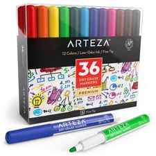 Dry Erase Markers Fine Tip, Bulk Pack of 36 Low Odor Pens in 12 Assorted
