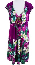 Vintage ECI Women Size 10 Beaded Babydoll Jersey Dress Purple Floral Boho V Neck