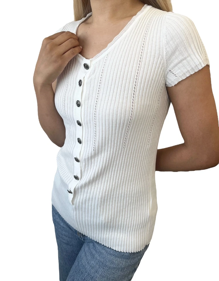 CHANEL винтажный 08P CC Mark логотип ребро вязаный футболка Топ #38 белый серый хлопок - Изображение 2 из 4