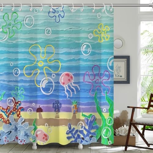Cute Beach Shower Curtain,Sea Anime Bathroom Curtain,Funny Cute Ocean - Bild 1 von 7