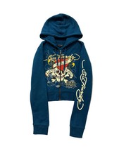ED HARDY  LKS Skull  SAPPHIRE BLUE CROPPED ZIP UP HOODIE
