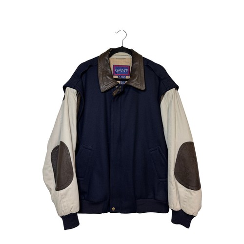 Gant, Gant Varsity Bomber Jacket Mens XL Navy Blue Wool Leather Elbow Patch Vintage
